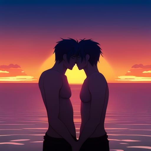 Anime Gay Kiss: Sunset Fantasy Art