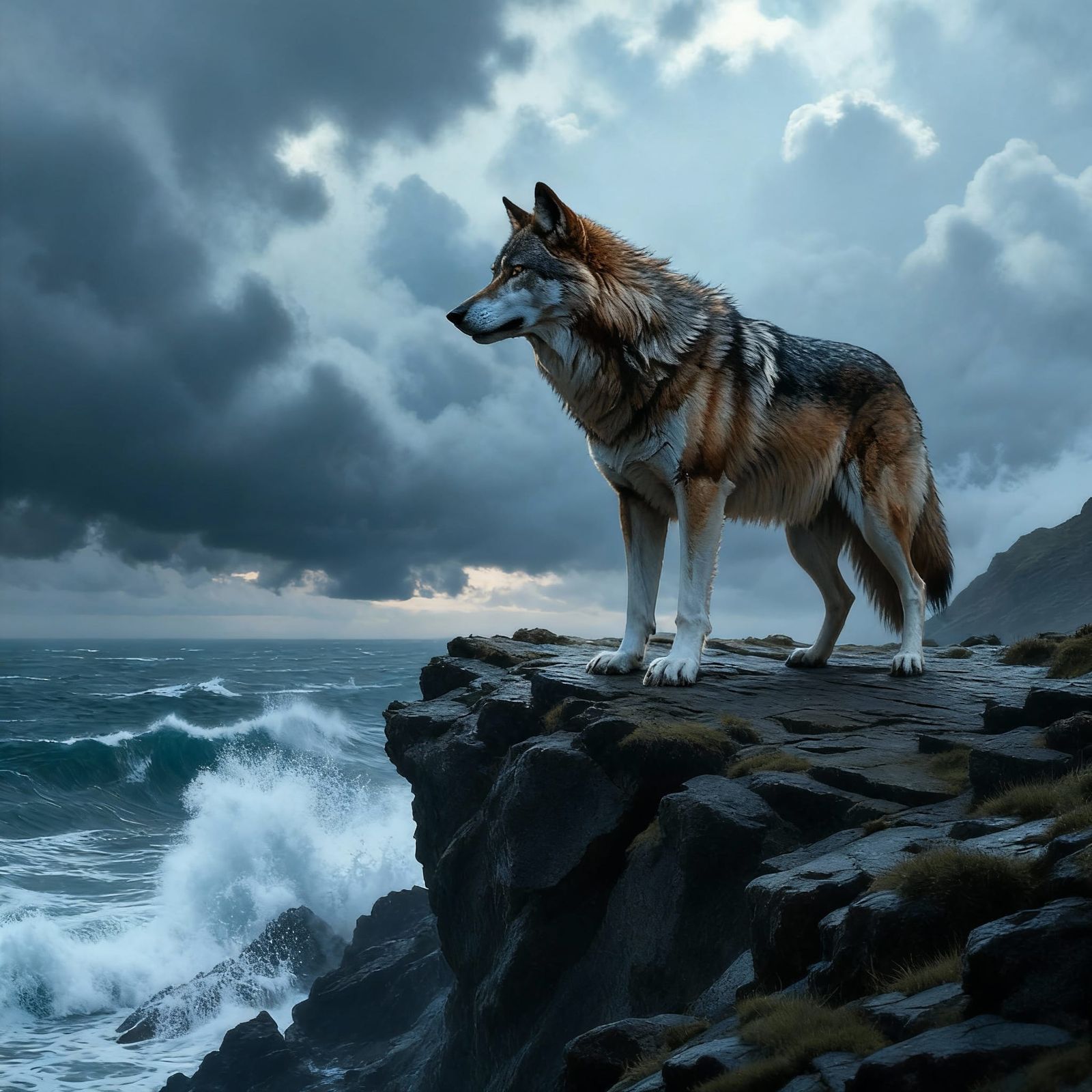 Majestic Wolf Overlooking Dramatic Cliff Landscape