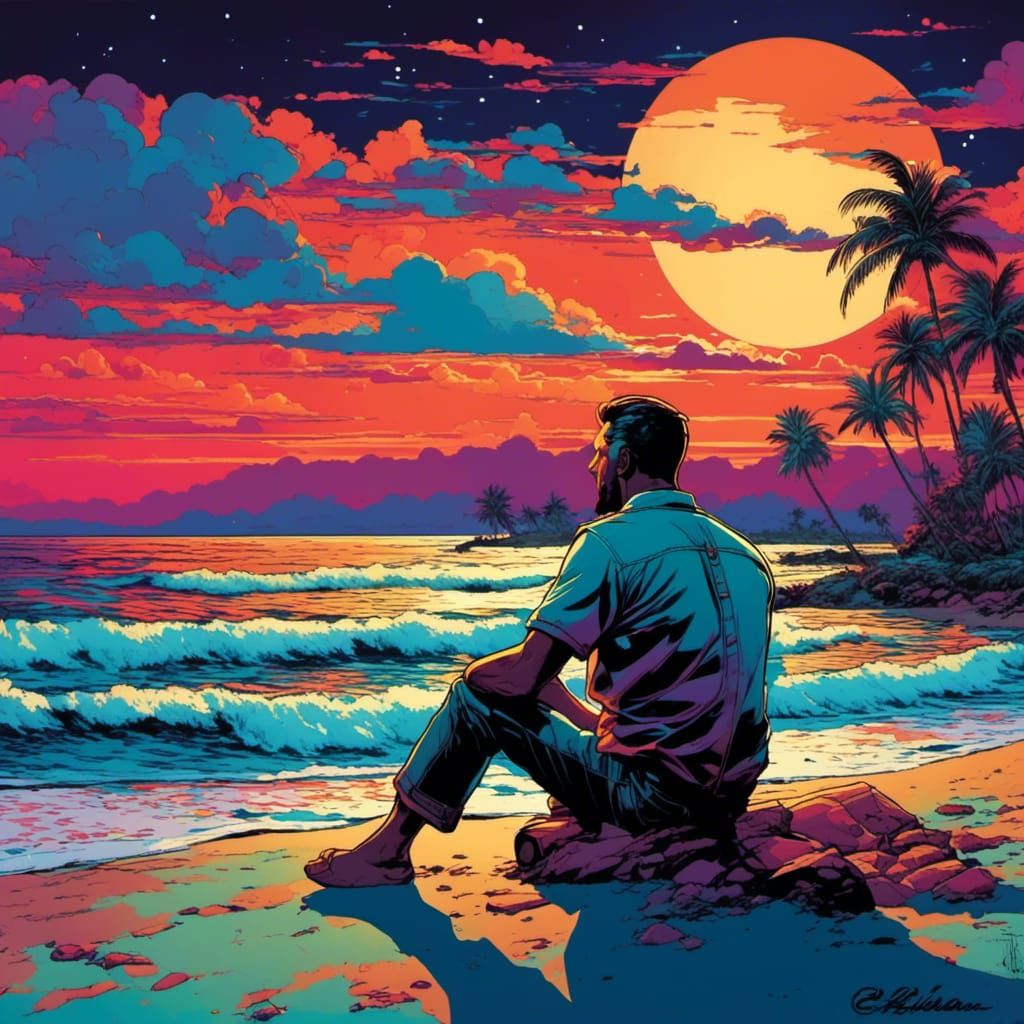 Man on Beach at Night in Comic Book Style