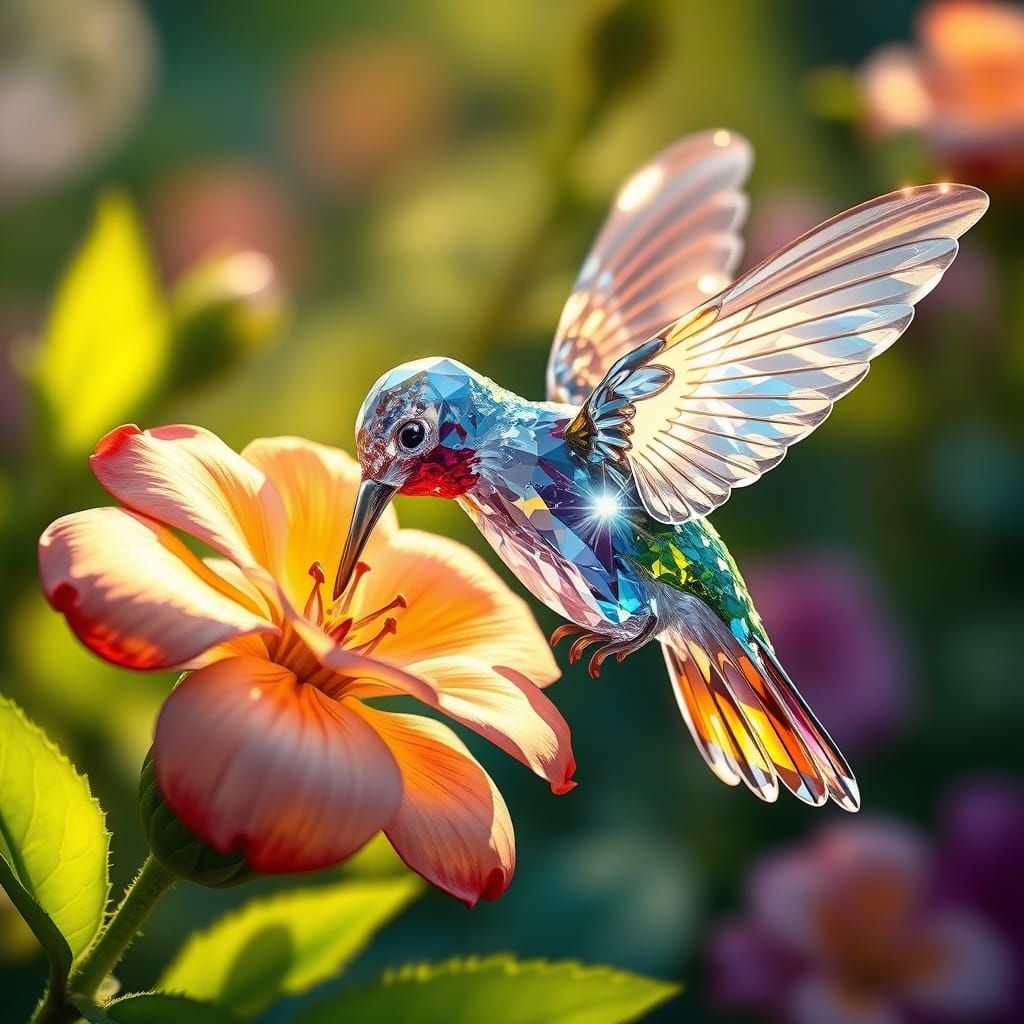 Dazzling Crystal Hummingbird in Lush Garden: Digital Paintin...