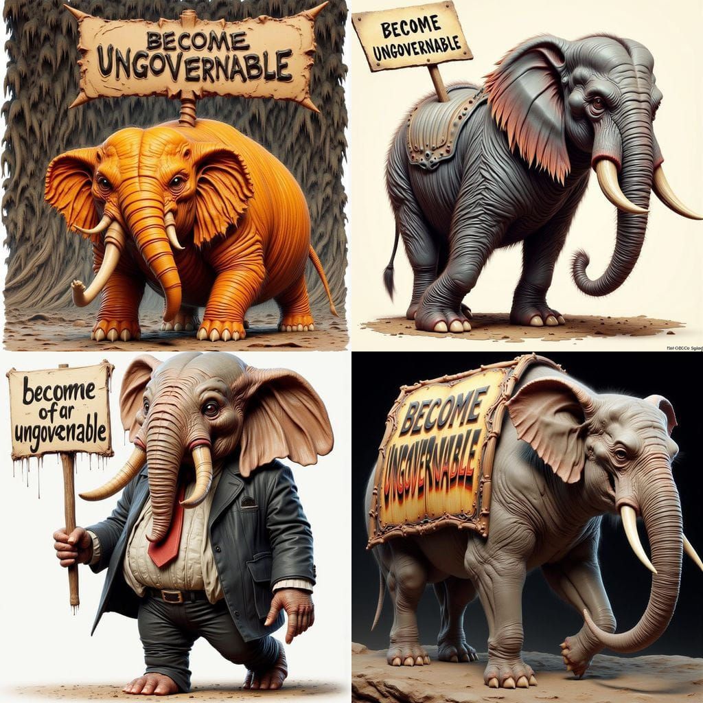 Cartoon Elephant Walking Upright With 'Ungovernable' Sign