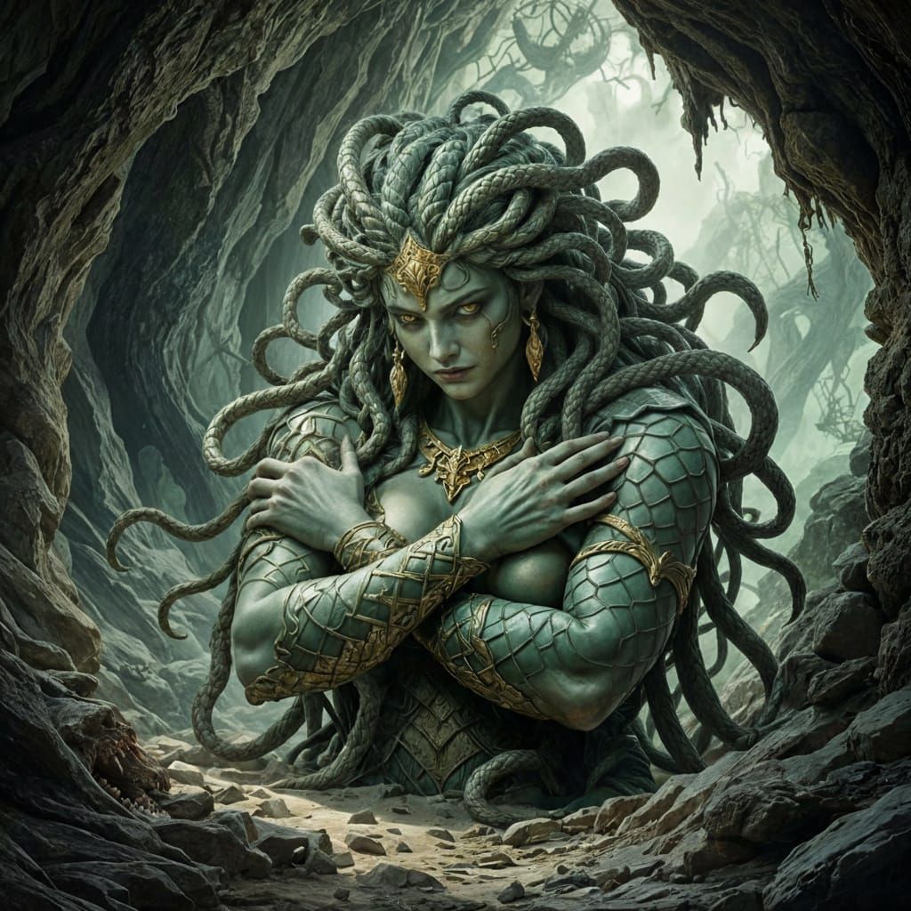 Gorgon's Sorrowful Gaze in Deep Cavern, Chiaroscuro Style