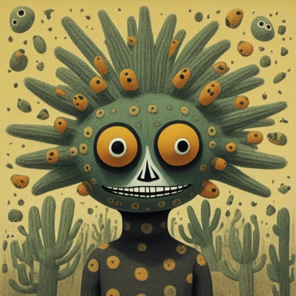 Abstract Cactus People and Dolls in Naive Art Style