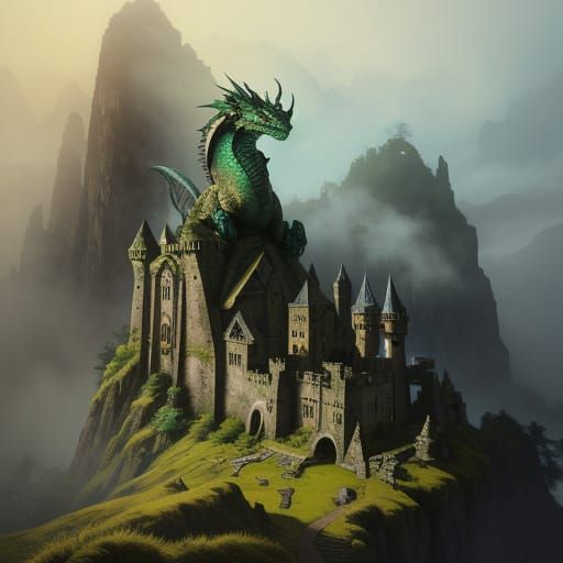 Ancient Dragon on Castle Ruin in Misty Valley
