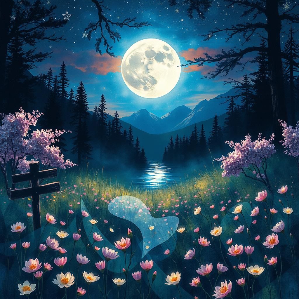 Moonlit Meadow: Digital Watercolor Fantasy Art