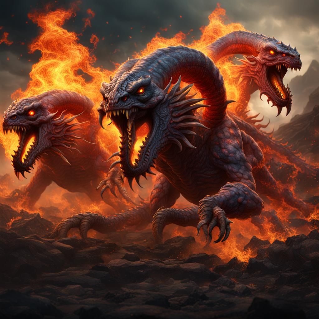 Four-Headed Hydra Creature Blowing Fire