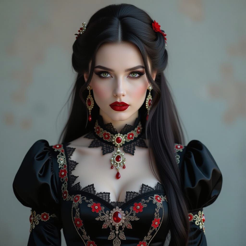 Gothic Woman in Black Satin Gown - Cinematic Film Still