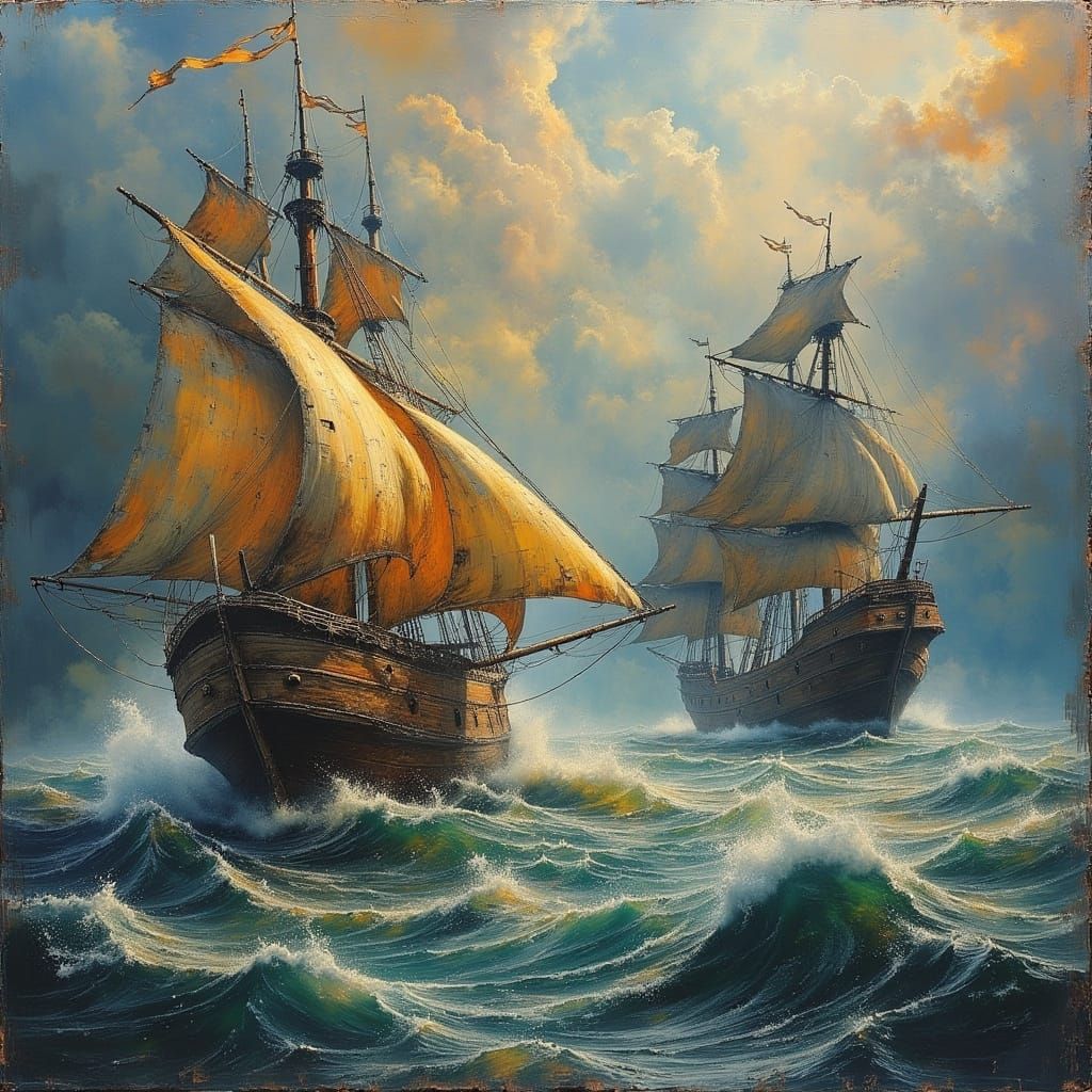 Pirate Ships Battle in Dark Oil Painting Style