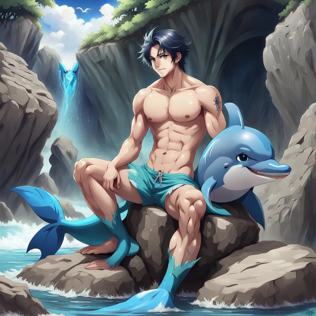 Anime Merman Relaxing on Rock