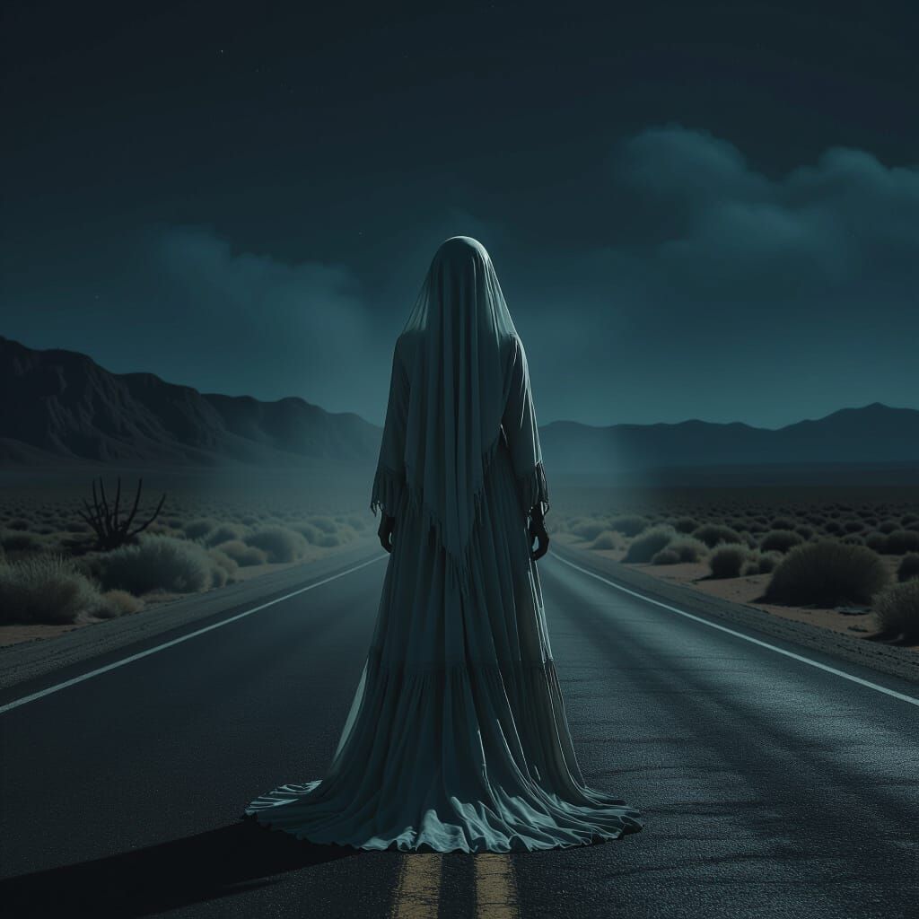 Ghostly Woman on Desert Road, Cinematic Horror