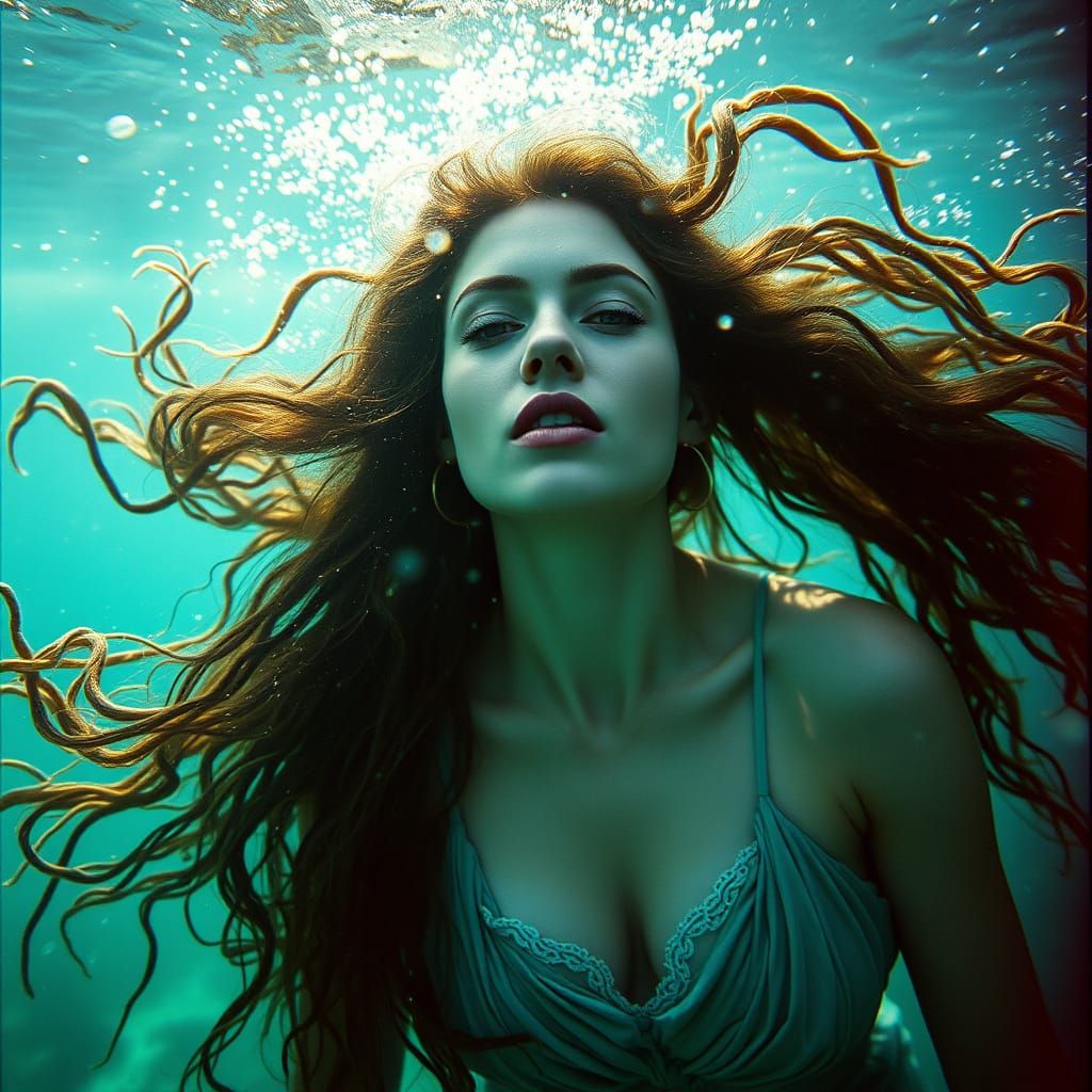 Underwater Woman in Flowing Attire, Cinematic Style
