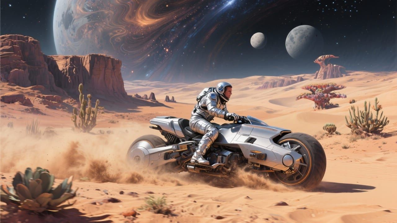 Futuristic Desert Speeder Rider on Alien Planet
