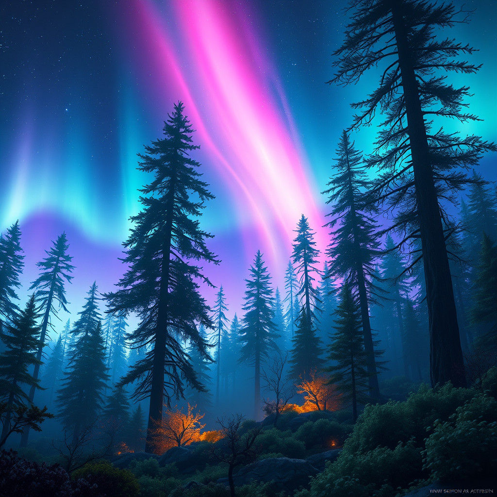 Aurora Borealis Illuminates Mystical Forest: Matte Painting