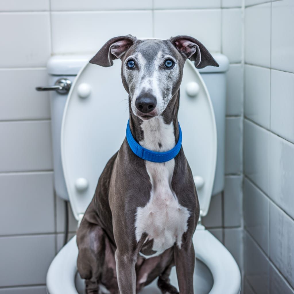 Grey Whippet on a Toilet in a Bright Bathroom