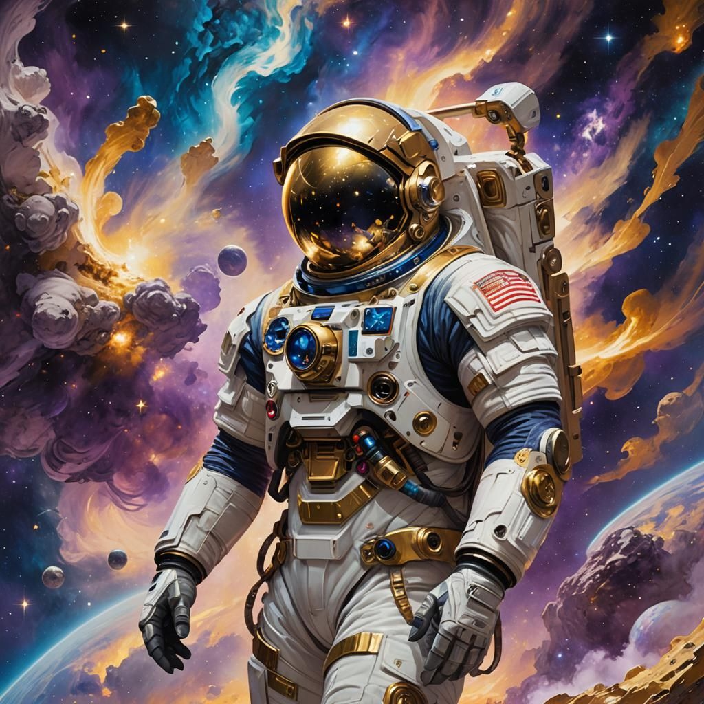 Astronaut in Nebula, Inspired by Pre-Raphaelite Art