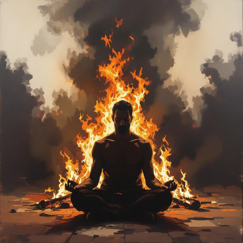 Figure Contemplating in a Fiery Room