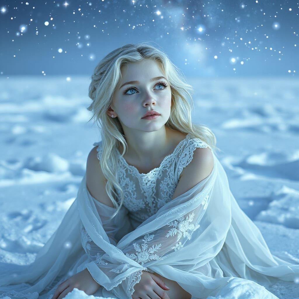 Ethereal Woman with White Hair in Snowy Landscape