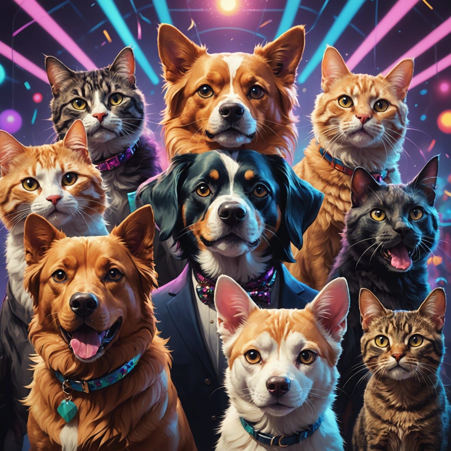 Cats and Dogs Disco Party in Editorial Style