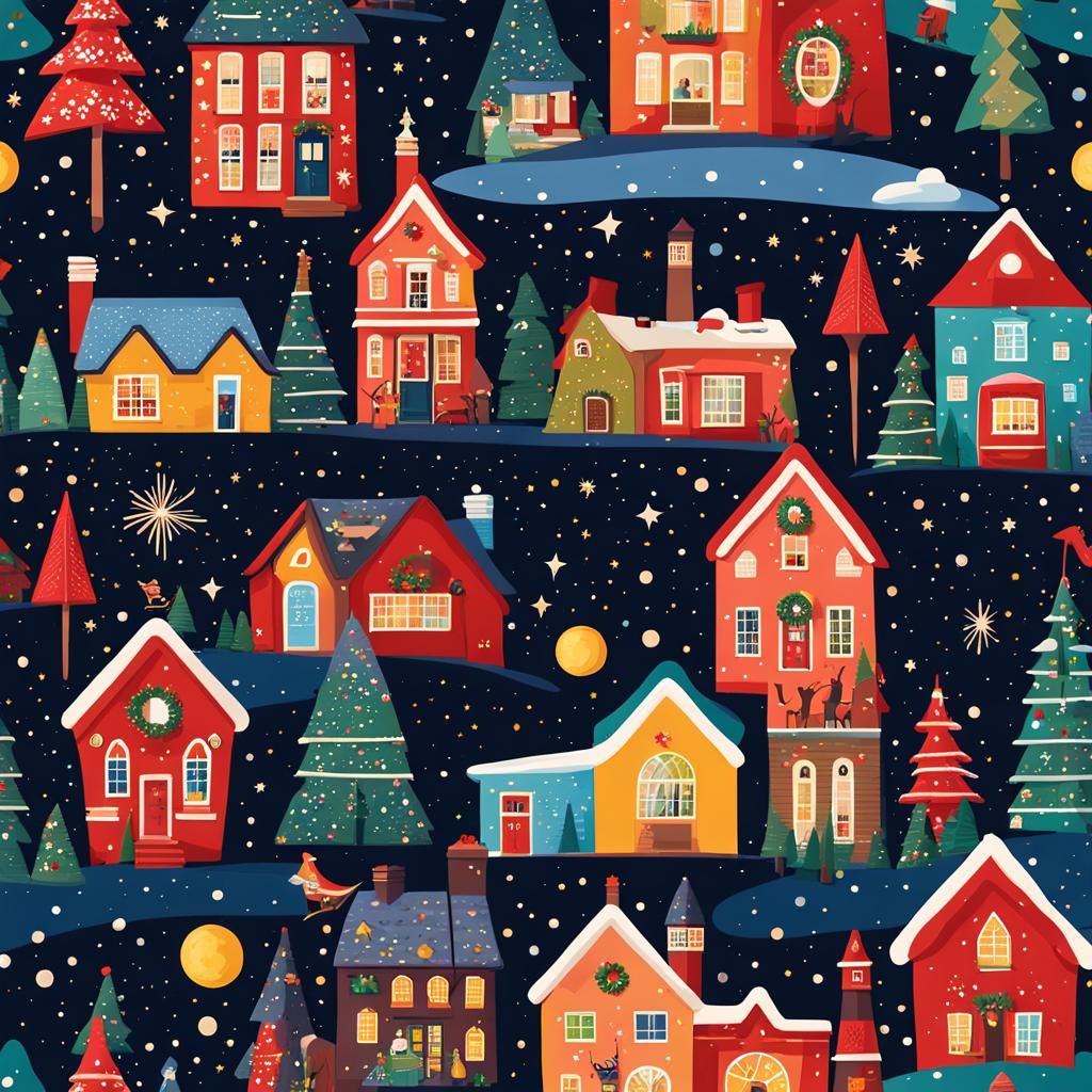 Festive Bobblehead Christmas Village Illustration