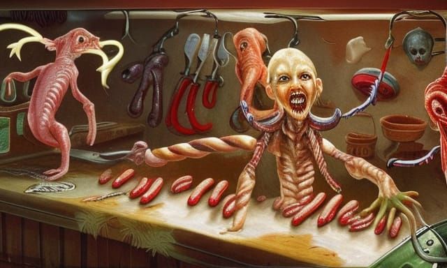 Alien Butcher Shop Sausage Caper, Oil Painting