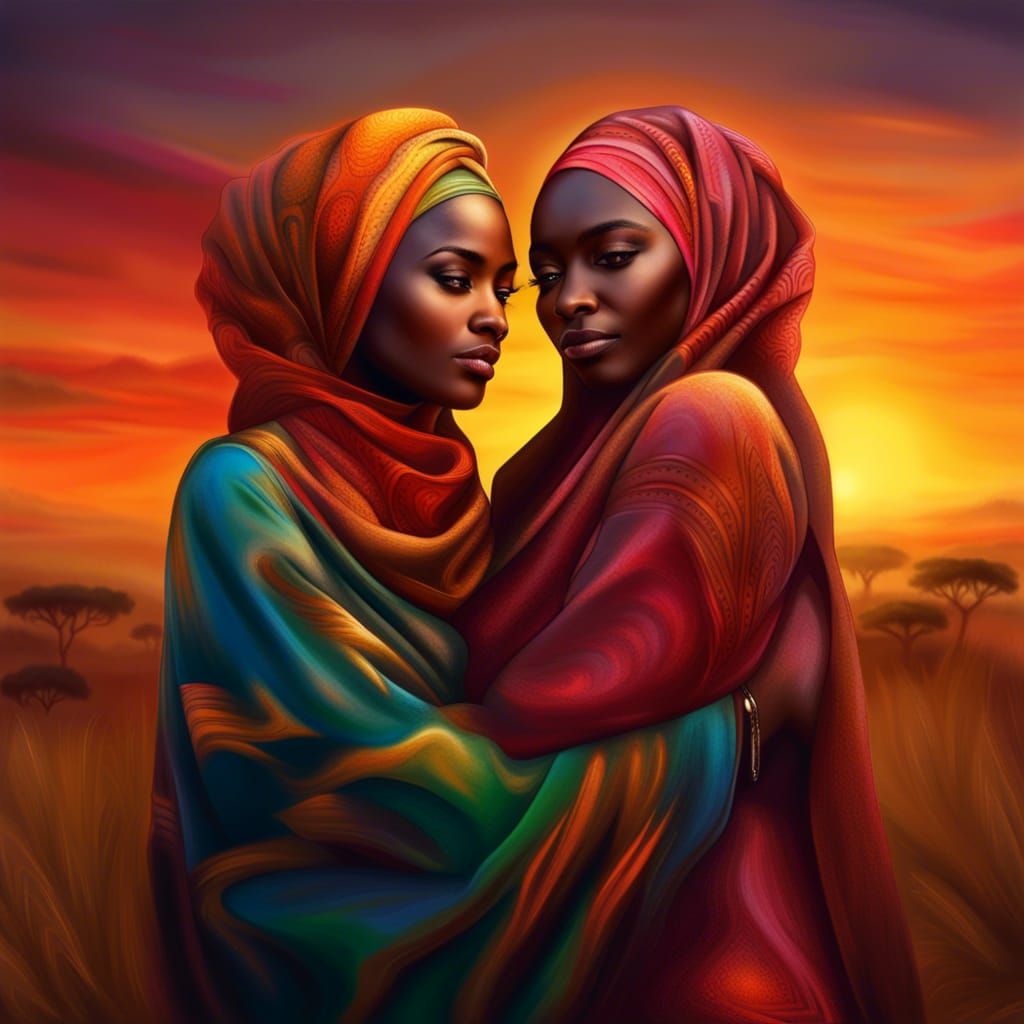 African Women's Sunset Embrace: Photorealistic Digital Art