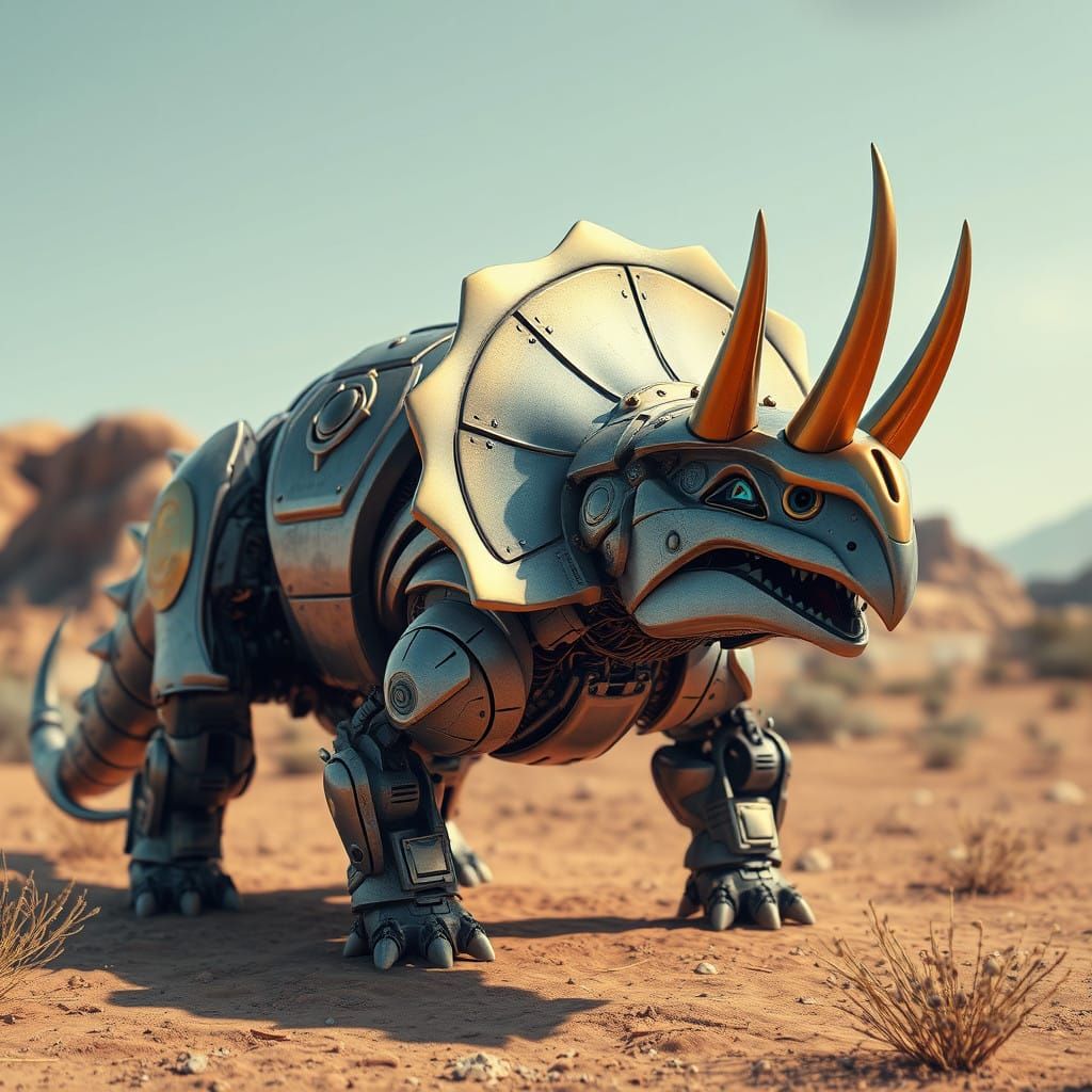 Spectacular Cyberpunk Triceratops in Desert Landscape