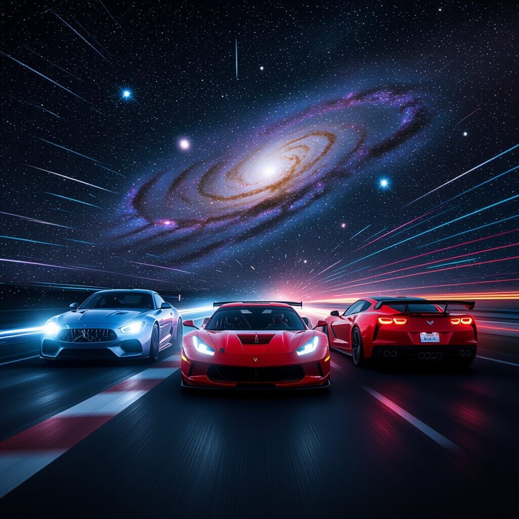 Surreal Car Race Under a Starry Night Sky