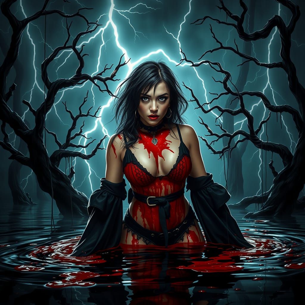Latina Witch Emerges from Lake in Dark Fantasy Style