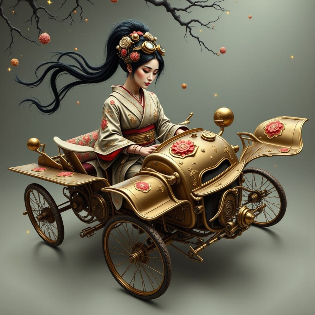 Steampunk Geisha in Flying Car, Syd Mead Style