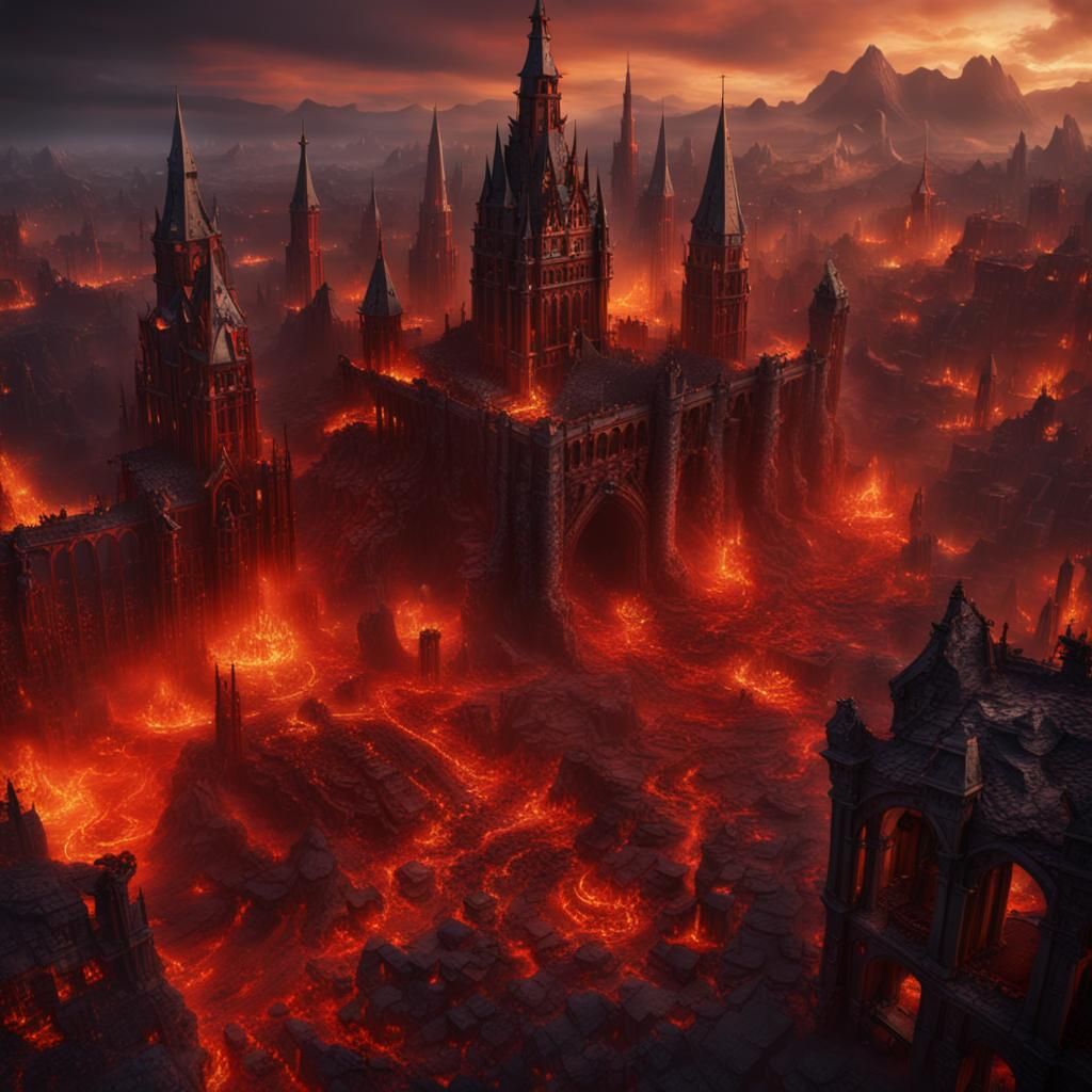 Infernal Medieval City Ablaze with Lava