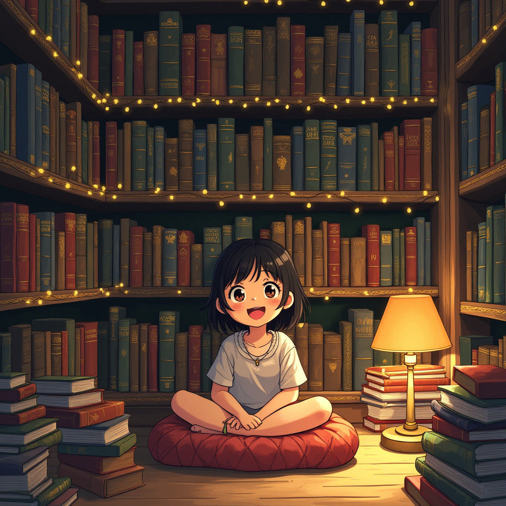 Girl in Cozy Library, Vibrant Anime Style