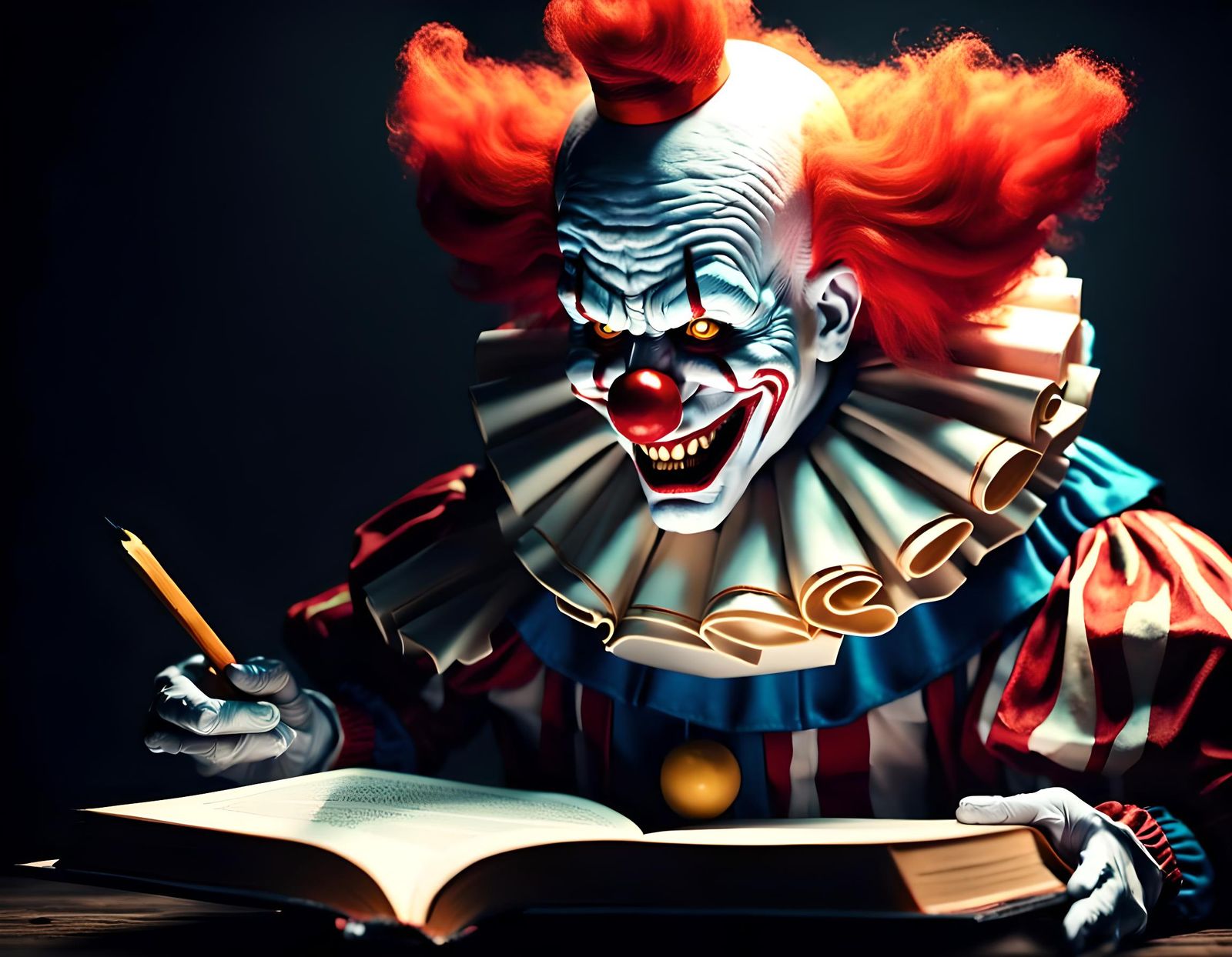 Eerie Clown Reads Book in Dramatic Lighting