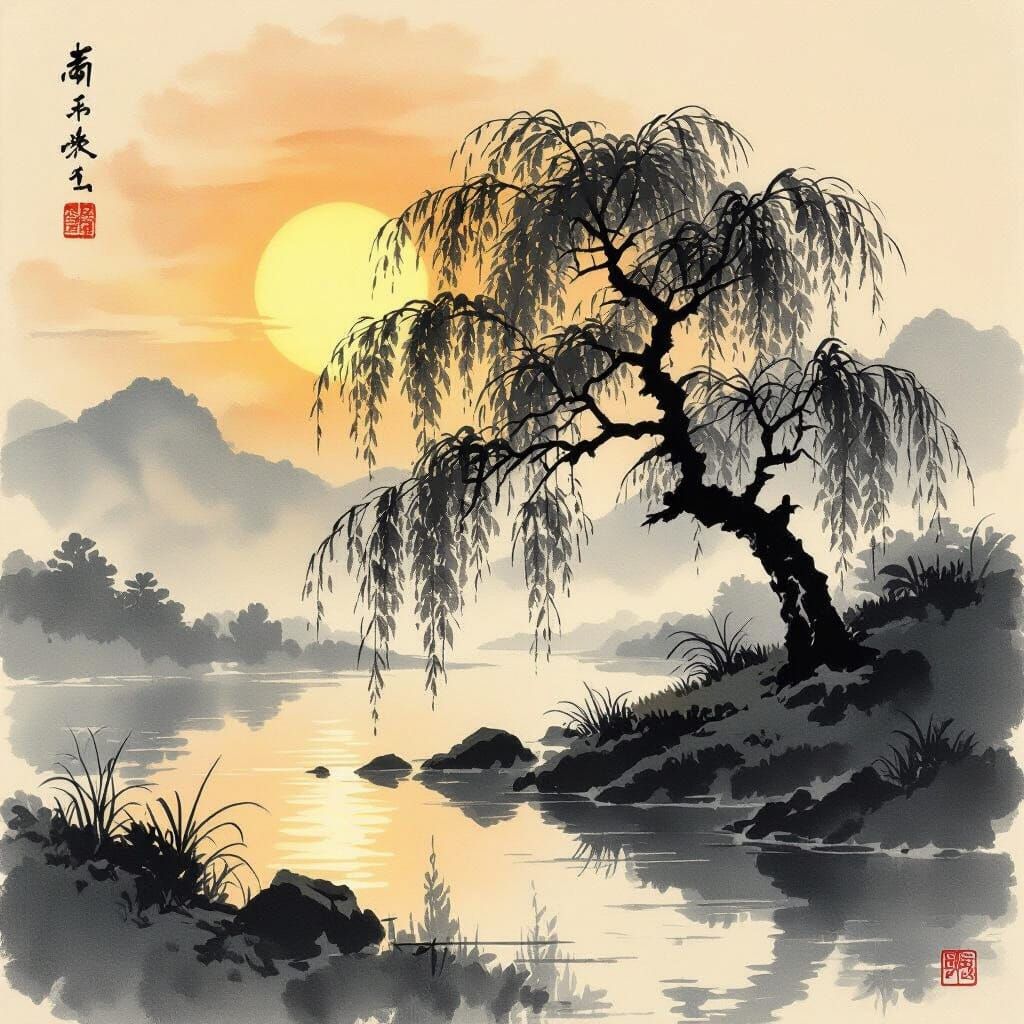 Serene Japanese Willow Tree at Sunrise