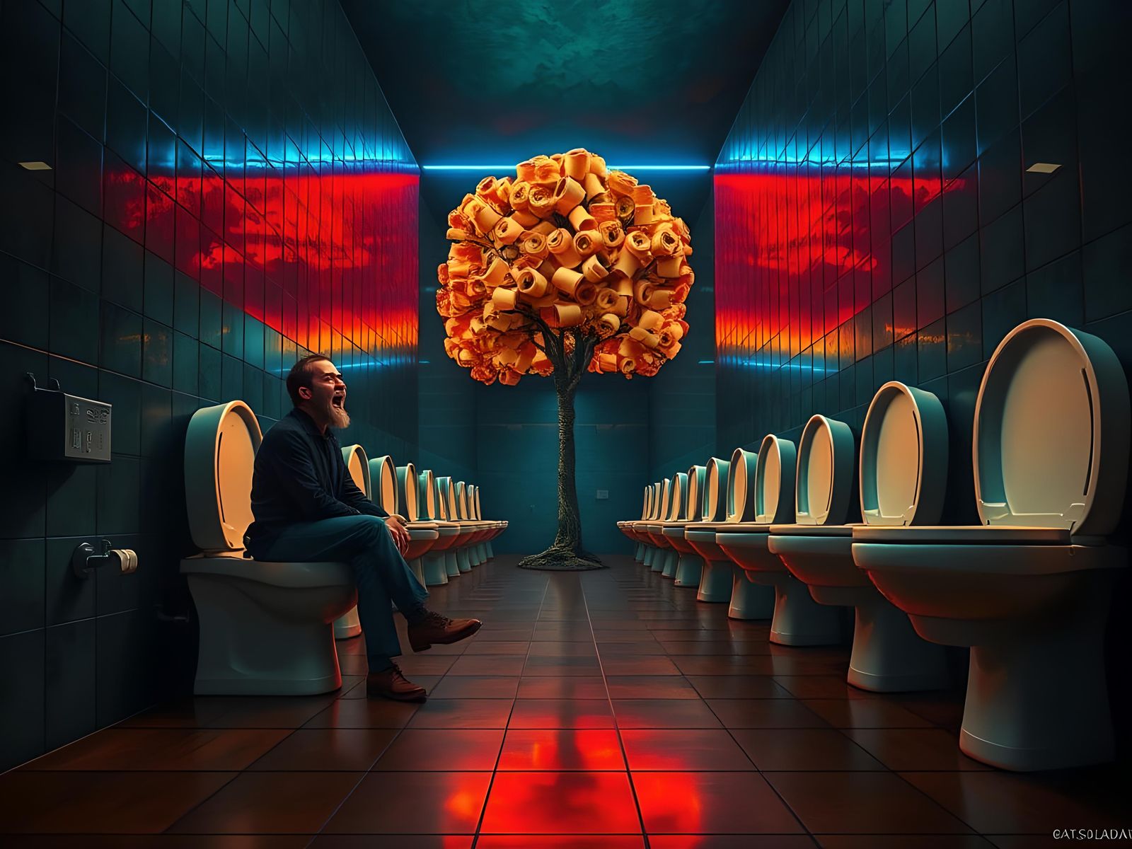 Man's Toilet Paper Panic: A Surreal Digital Art Piece