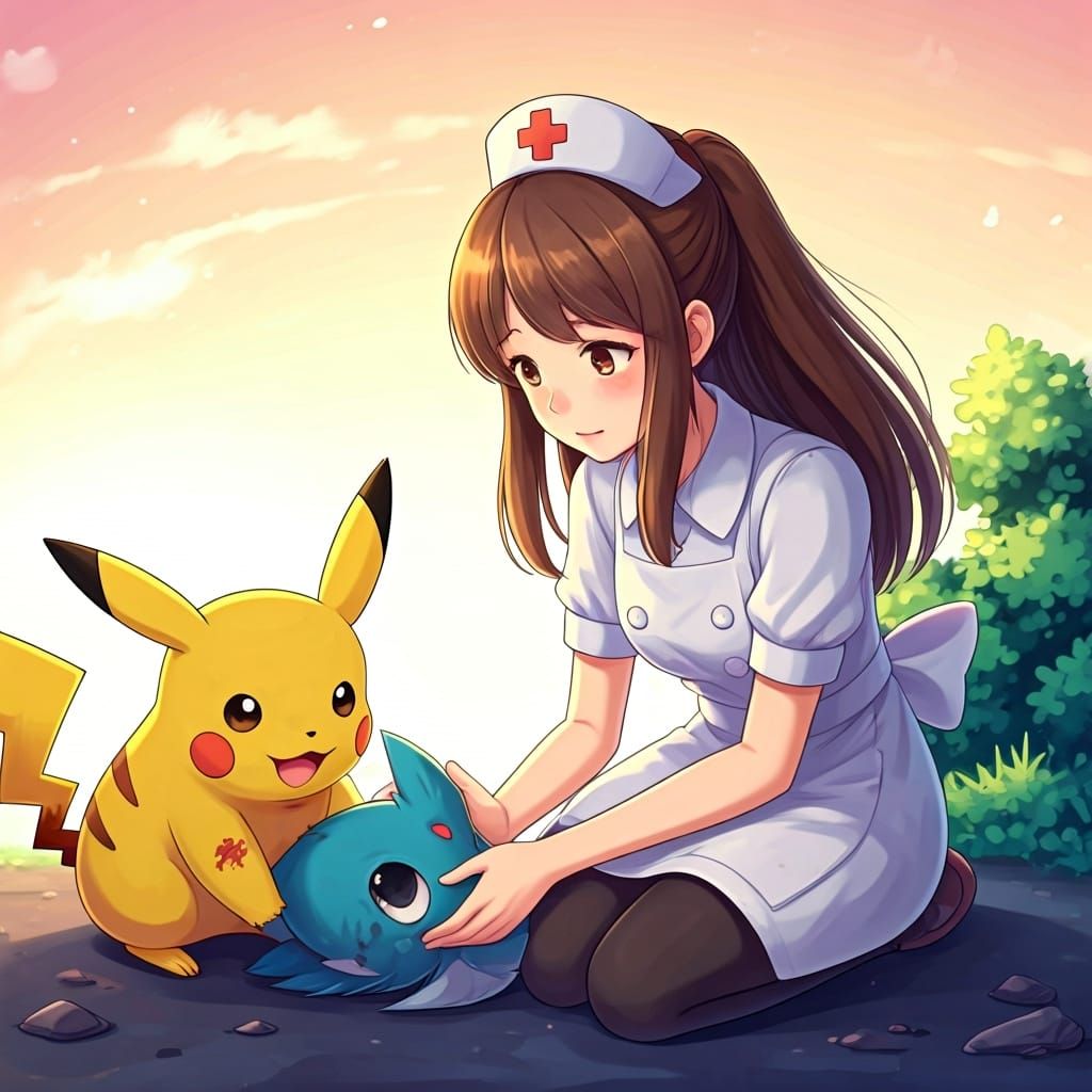 Anime Nurse Heals Pokemon with Pikachu