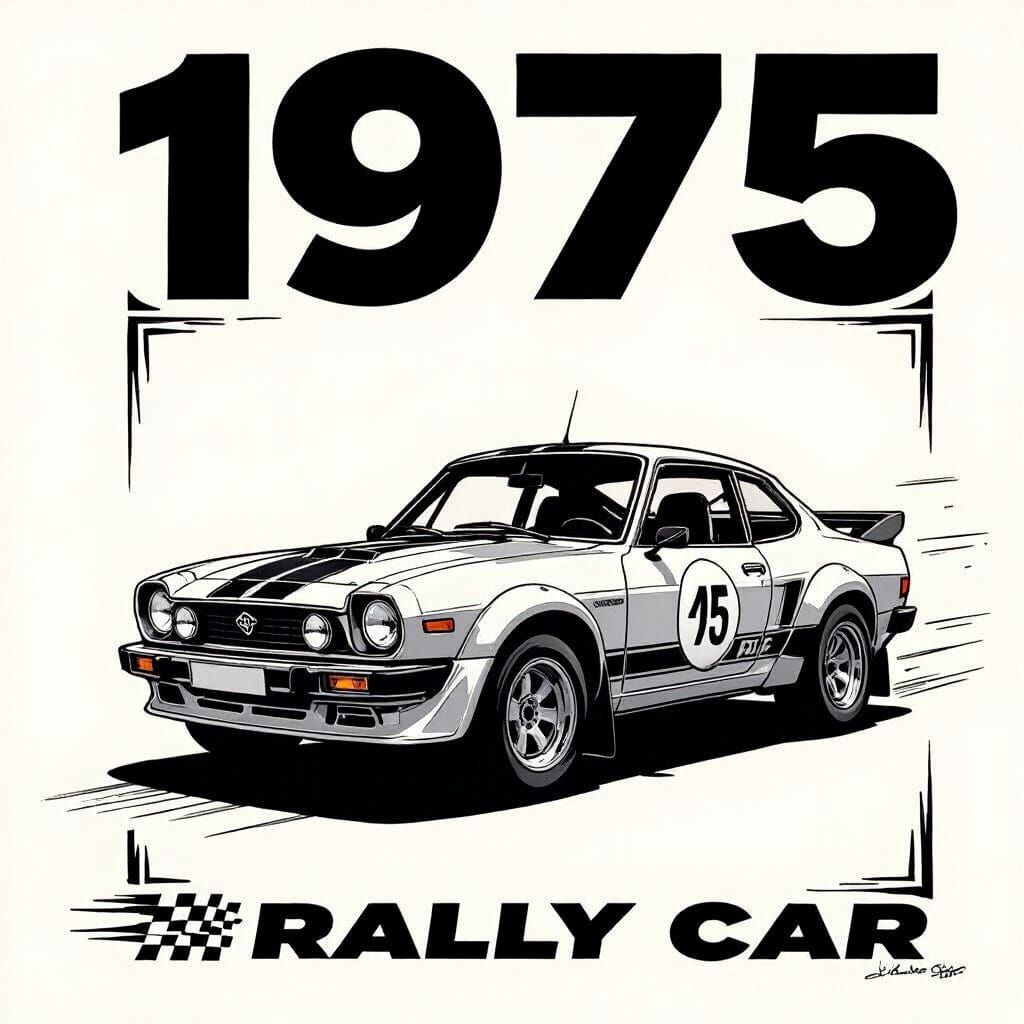 1975 Rally Car Poster Art in Bold Black Lines