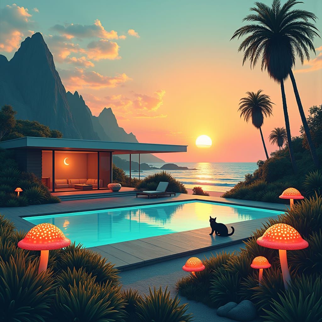 Sunset Beach with Mid-Century House, Matte Painting
