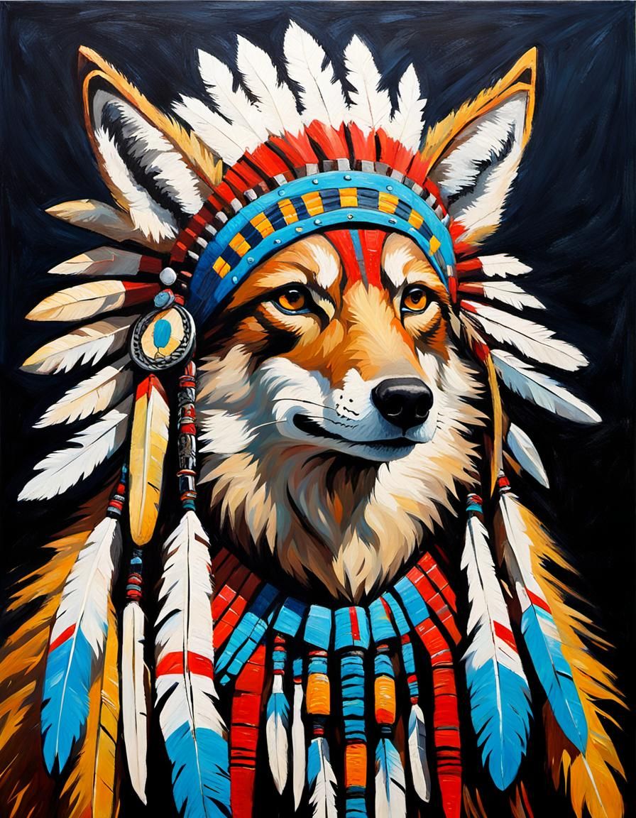 Coyote in Headdress as Impasto Oil Painting