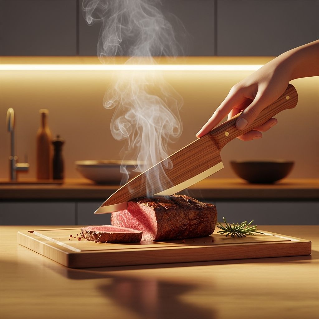 Hyperrealistic Wooden Knife Slicing Steak in Minimalist Kitc...