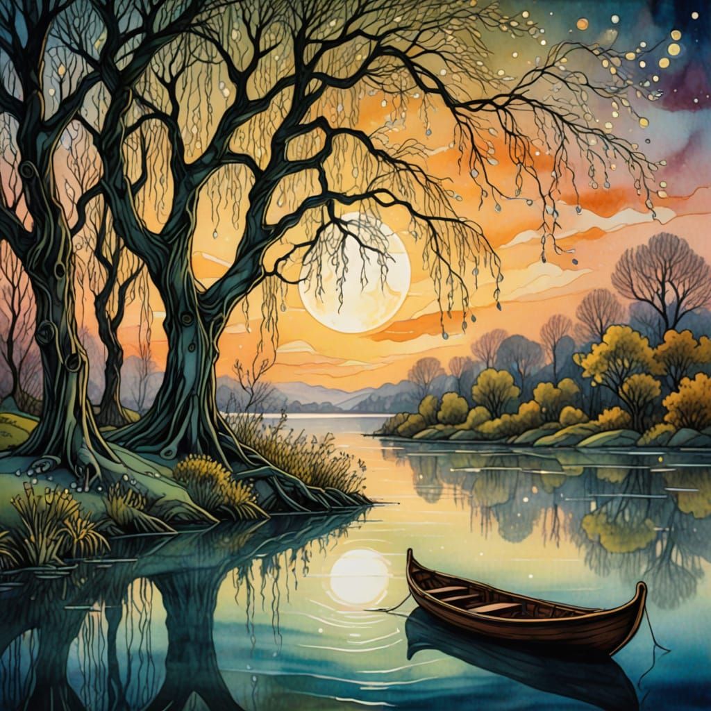 Dreamlike Lakeside with Whimsical Willow Trees