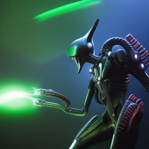 Xenomorph Humanoid Machine with Aurora in Biopunk Style