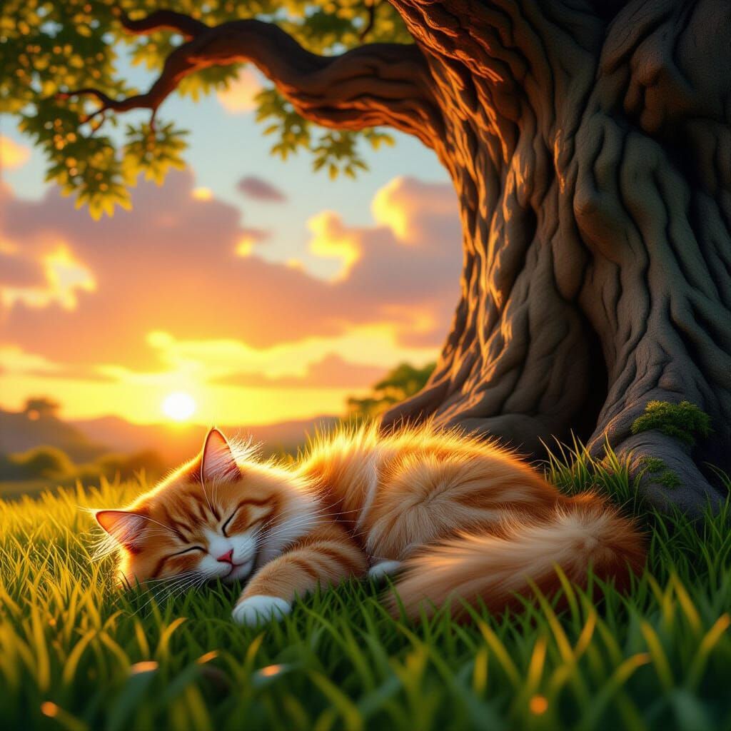Orange Cat Sleeps on Grassland at Sunset