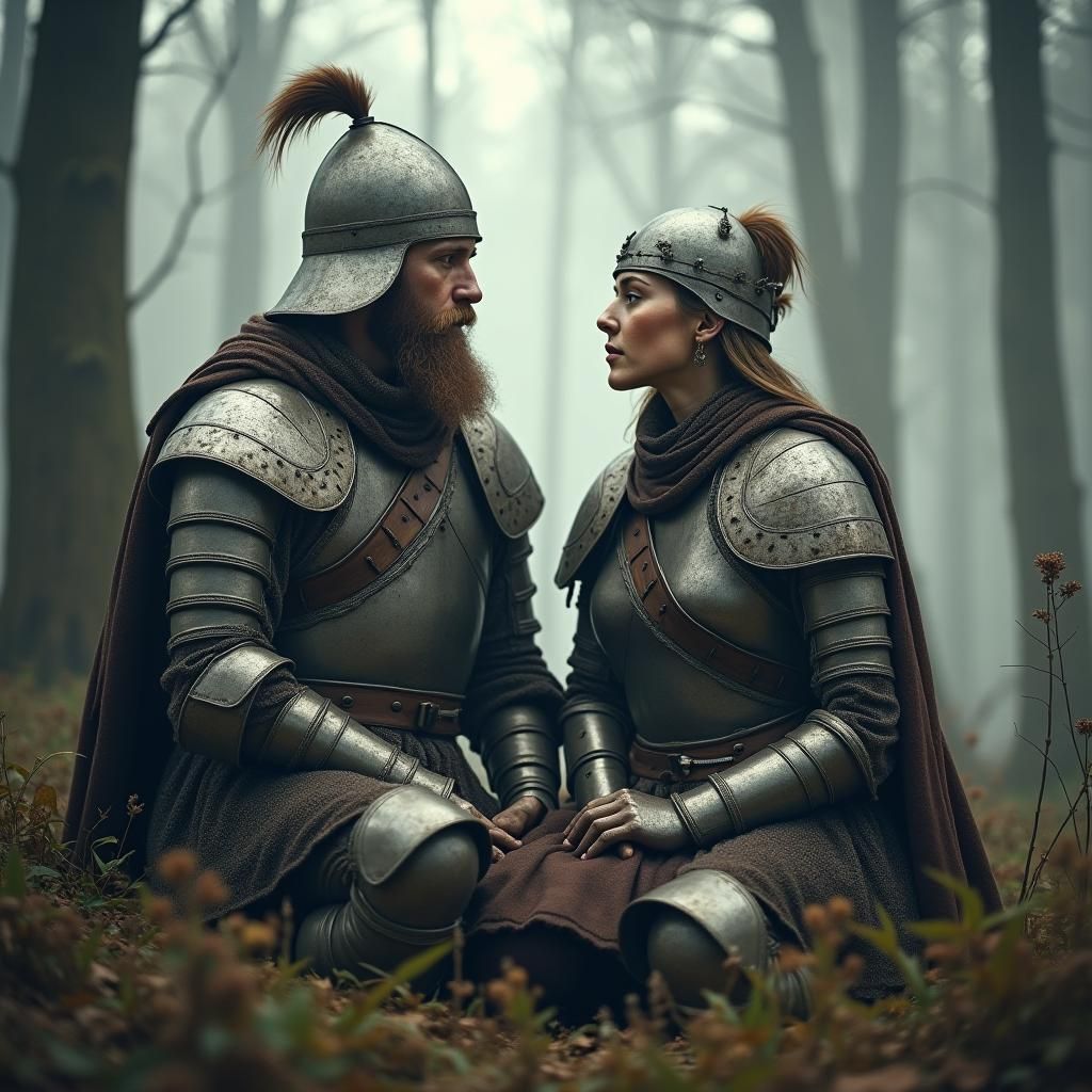 Armored Slavic Warriors in Dawn Mist