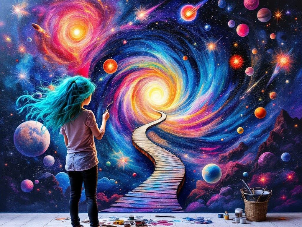 Surreal Galaxy Mural Painting in Zentangle Style