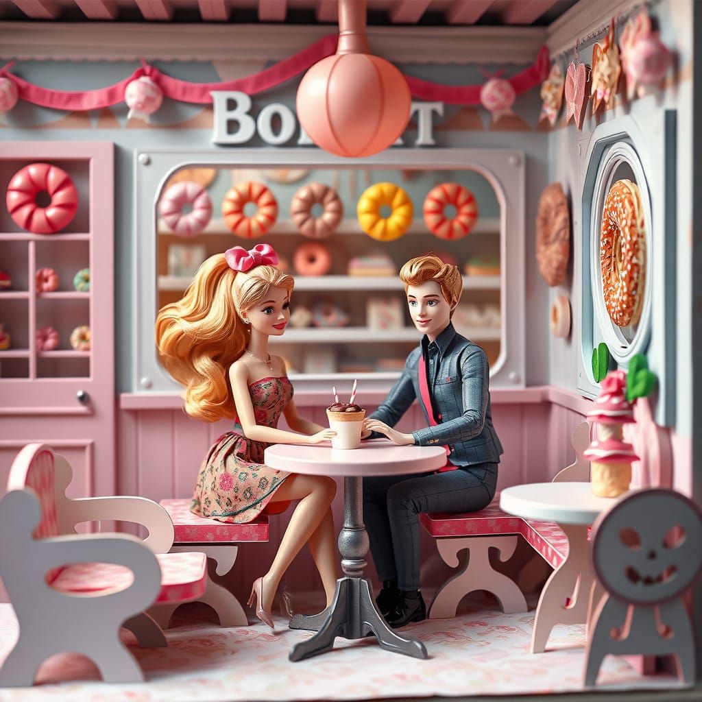 Barbie and Ken in Whimsical Paper Art Donut Shop