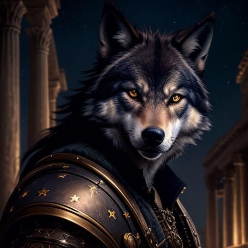 Steampunk Wolf Portrait Under Starry Moonlit Sky