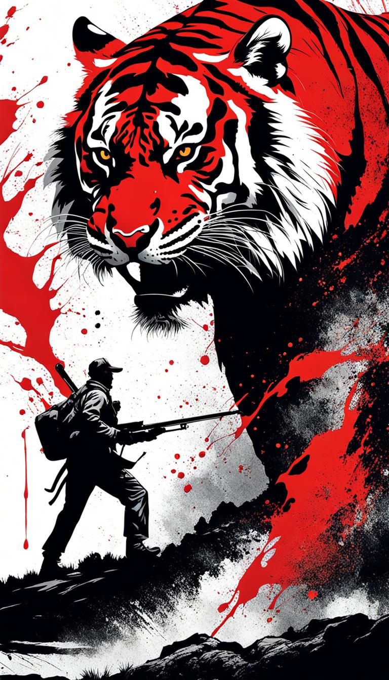 Ink Splatter of a soldier is fighting with a giant tiger to protect other people