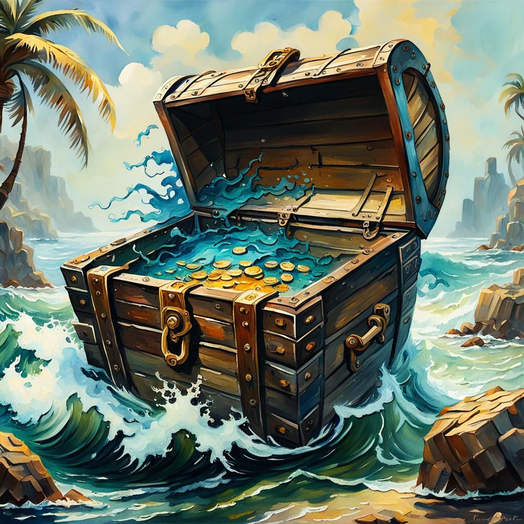 Pirate Ship and Treasure Chest in Gouache Style