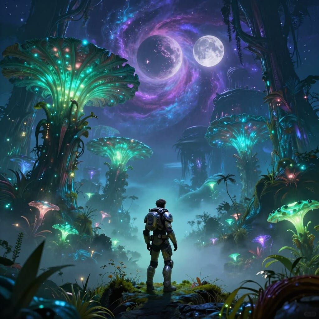 Explorer in Sci-Fi Armor at Alien Jungle Edge