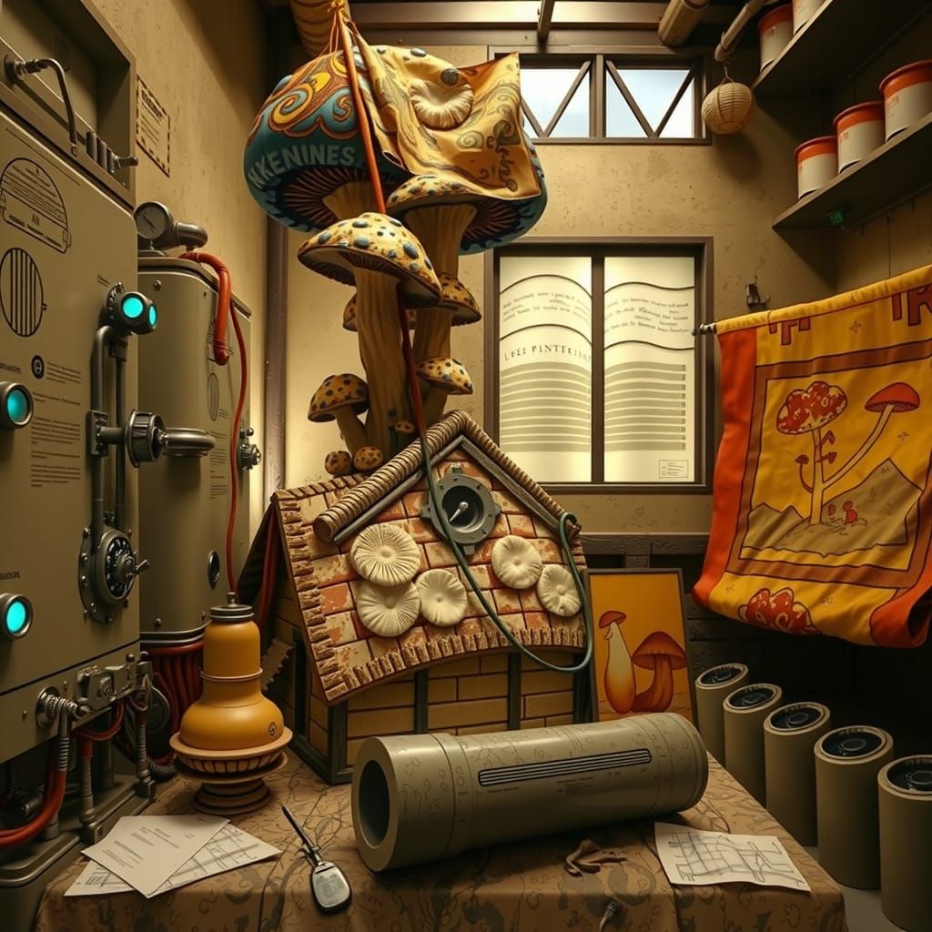 Whimsical, Hyper-Realistic Mushroom Sculpture in Playful, Su...